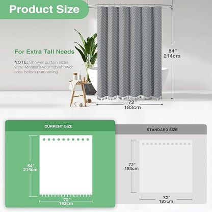 Dynamene Extra Long Shower Curtains, 84 Inches Long Boho Tufted Chevron Striped Fabric Shower Curtains for Bathroom, Tall Minimalist Chic Waterproof Cloth Shower Curtain Set with Hook, Grey, 72x84