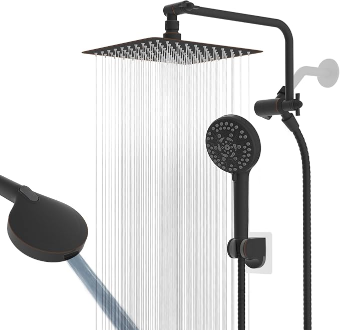 10" Metal Rainfall Shower Head with 10-Mode Handheld, Oil Rubbed Bronze | NSF/ANSI/CAN 372 Certified, High Pressure Showerhead Combo with 11" Adjustable Shower Arm, 71" Hose, Shower Head Holder