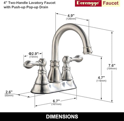 2 Handle Brushed Nickel Bathroom Sink Faucet 3 Hole Faucet with Overflow Pop up Drain,360° Swivel Spout 4 Inch Centerset Bathroom Faucet Without Supply Hoses,Meets cUPC NSF 61-9 AB1953,2 Pack