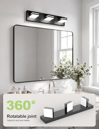 VOLISUN Modern Bathroom Vanity Light Fixtures (3-Light, 24-Inch), Matte Black LED Bathroom Lighting Fixtures Over Mirror, 360°Rotatable Head, LED Vanity Lights for Bathroom (Cool White 6000K)