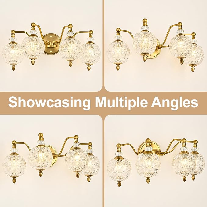 Vintage Bathroom Vanity Light, 4-Light Mid Century Brushed Gold Finish Wall Sconce with Globe Glass Shades, Retro Mirror Light for Bathroom, Powder Room
