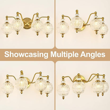 Vintage Bathroom Vanity Light, 4-Light Mid Century Brushed Gold Finish Wall Sconce with Globe Glass Shades, Retro Mirror Light for Bathroom, Powder Room