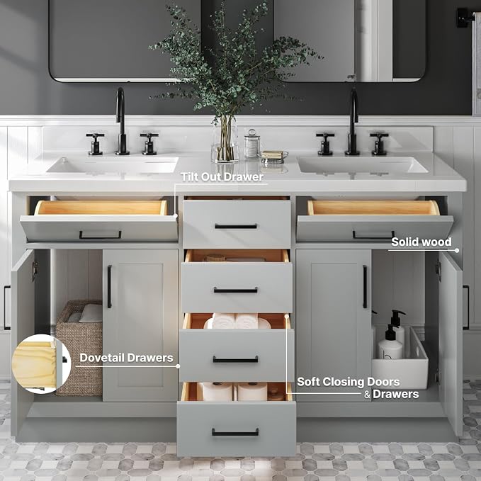 ARIEL Hepburn 60-inch Bathroom Vanity with Sink,Solid Wood, 1.5-inch Pure White Quartz Countertop & Backsplash, Double Rectangular Porcelain Sink, 4 Soft Closing Doors, 6 Dovetail Drawers, Grey
