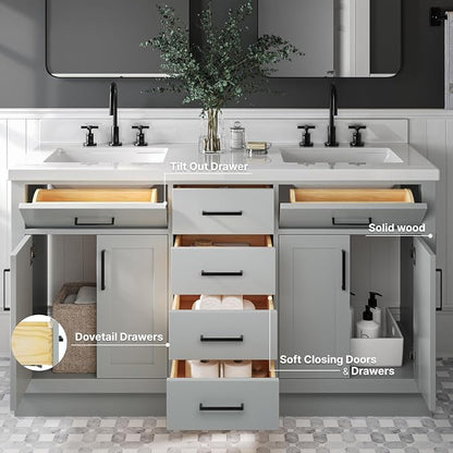 ARIEL Hepburn 60-inch Bathroom Vanity with Sink,Solid Wood, 1.5-inch Pure White Quartz Countertop & Backsplash, Double Rectangular Porcelain Sink, 4 Soft Closing Doors, 6 Dovetail Drawers, Grey