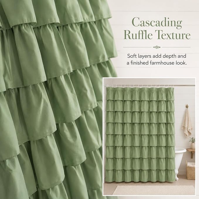 Sage Green Ruffle Shower Curtain for Bathroom, 72x72 inch, 1 Panel | Boho Cottage Chic Style, Soft Microfiber Fabric, Standard-Size Ruffled Curtain, 12 Hooks Included, Machine Washable, Opaque