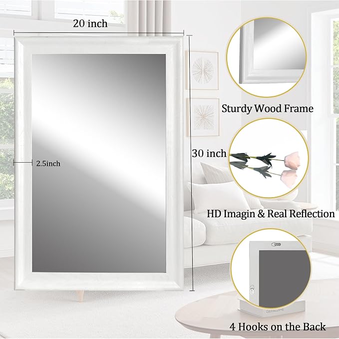 White Wood Wall Mirror for Bathroom,Rectangle 20 x 30 inch Vanity Mirrors | Hanging Mirror with Wooden Frame for Living Room,Bedroom,Entryway