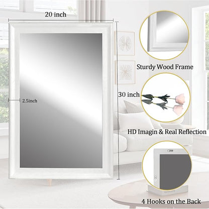 White Wood Wall Mirror for Bathroom,Rectangle 20 x 30 inch Vanity Mirrors | Hanging Mirror with Wooden Frame for Living Room,Bedroom,Entryway