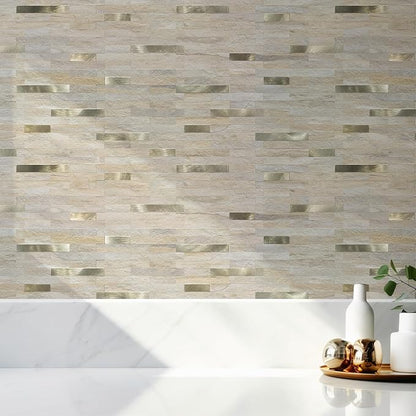 StyloVue 2 Sheets Kitchen Peel and Stick Backsplash Tiles, Beige with Metal Gold Look Stick on Backsplash for Kitchen, RV, Fireplace