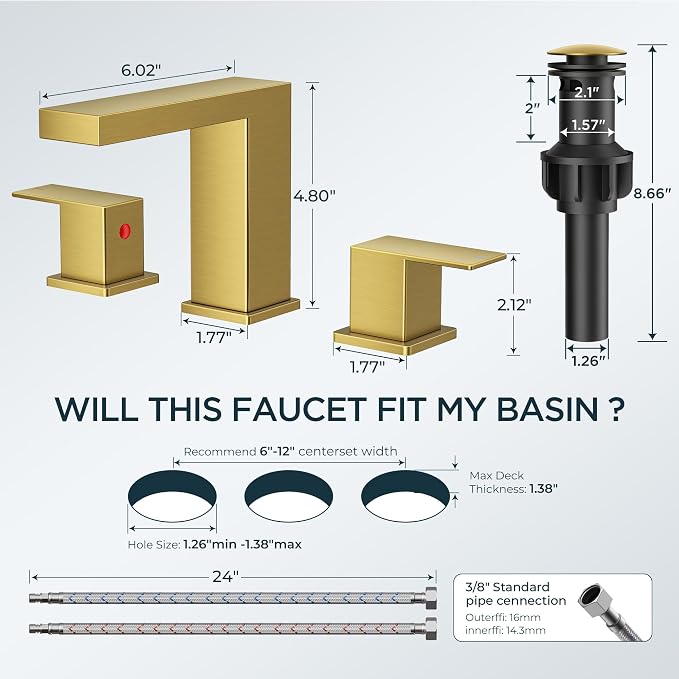 FORIOUS 8" Brushed Gold Bathroom Faucet 3 Hole, Gold Vanity Faucet 3 Holes | CUPC 8 Inch Waterfall Bathroom Faucet Gold,3 Hole Bathroom Sink Faucet Widespread Set for Restroom, Lavatory, Hospitality