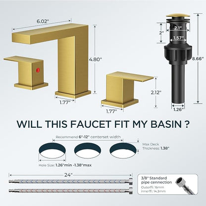 FORIOUS 8" Brushed Gold Bathroom Faucet 3 Hole, Gold Vanity Faucet 3 Holes | CUPC 8 Inch Waterfall Bathroom Faucet Gold,3 Hole Bathroom Sink Faucet Widespread Set for Restroom, Lavatory, Hospitality