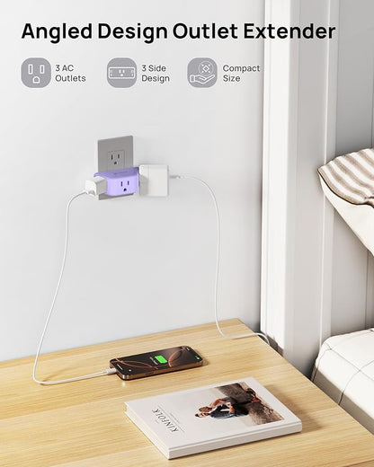 TROND Purple Outlet Extender with 3 Way Angled, for Tight Spaces | 3-Prong Grounded Outlet Adapter, Cruise Ship Essentials, Compact and Practical, for Bathroom and Kitchen