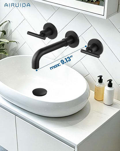 Airuida Wall Mounted Bathroom Sink Faucet,Matte Black Vanity Sink Faucet | Lever Handle,3 Holes,360° Widespread Swivel Spout,Rotatable Bathroom Faucet