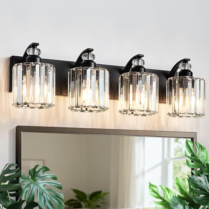 4-Light Black Bathroom Light Fixture Modern Vanity Lights Over Mirror Vintage Wall Sconce Lighting for Bathroom, Bedroom, Living Room, Hallway E26 Base with Crystal Bathroom Vanity Light