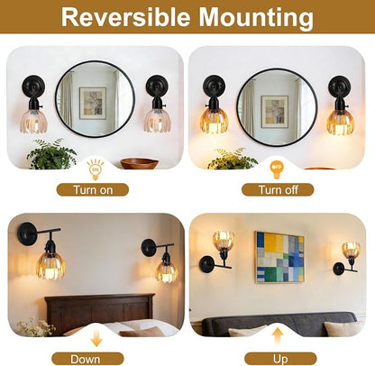 Vintage Wall Sconces with Cute Amber Tulip Glass Lampshade, Black Wall Sconces Hradwired Modern Wall Lighting Fixture with Switch for Bedside Bedroom Living Room Wall Decor