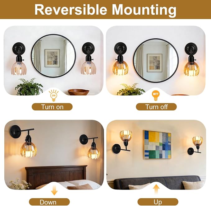 Vintage Black Wall Sconces Set of 2 with Cute Amber Tulip Glass Lampshade, Hardwired and Wireless Wall Mounted Light Fixtures (2 Usage Methods) with Switch for Bedside Bedroom Living Room Wall Decor