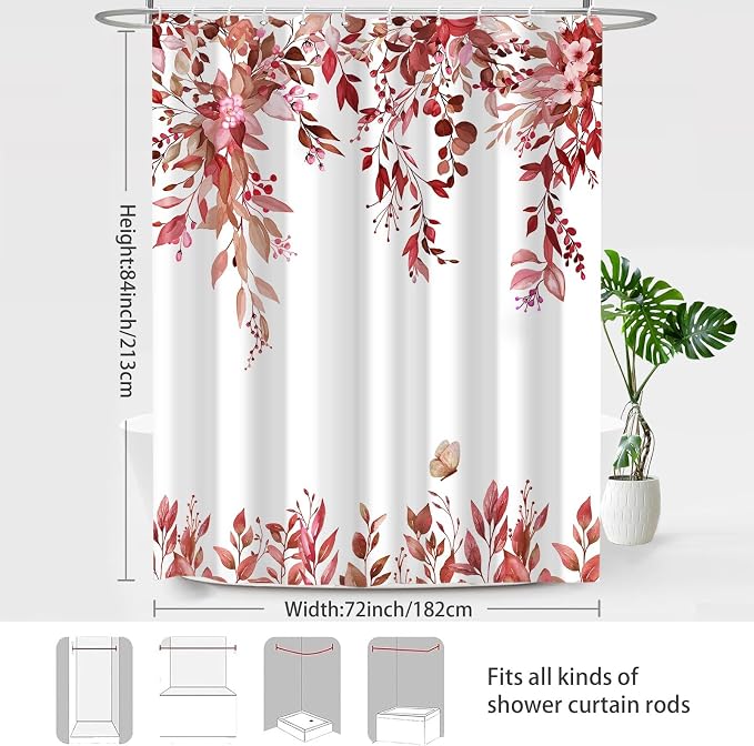 Red Floral Eucalyptus Shower Curtain with Hooks, 72x84 Inch | Waterproof Fabric, Watercolor Leaves and Floral, Botanical Style, Machine Washable, Quick-Drying, for Hotel Bathroom