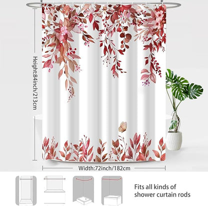 Red Floral Eucalyptus Shower Curtain with Hooks, 72x84 Inch | Waterproof Fabric, Watercolor Leaves and Floral, Botanical Style, Machine Washable, Quick-Drying, for Hotel Bathroom