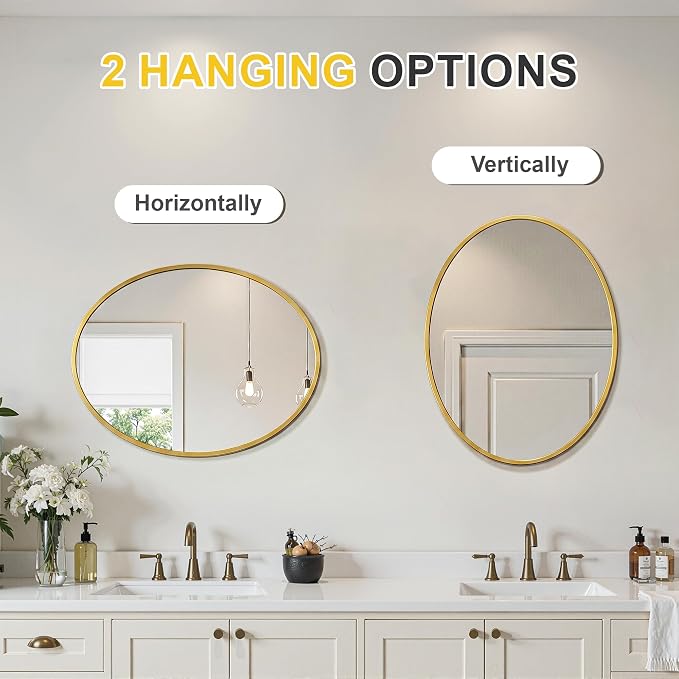 Oval Bathroom Mirror for Wall, 22"x28" Gold Bathroom Vanity Mirror | HD Shatterproof Glass, Metal Framed, Oval Vanity Mirrors for Bathroom, Bedroom, Living Room, Entryway, Horizontal or Vertical