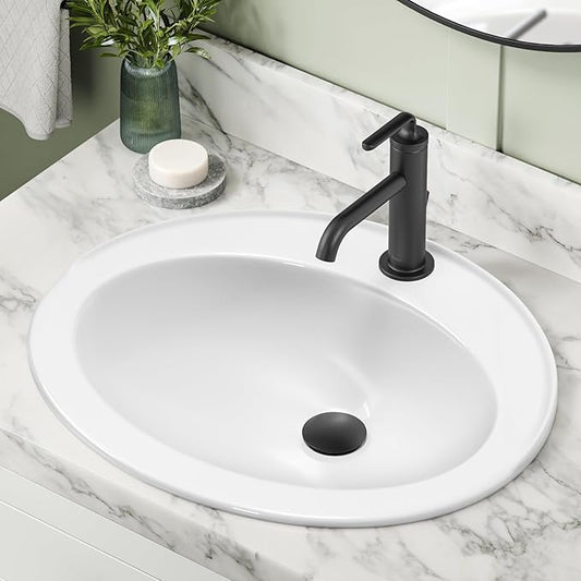 KRAUS Elavo 22 in. Oval Porcelain Ceramic Self-Rimming Drop In Bathroom Sink in White with Overflow Drain, KCT-101