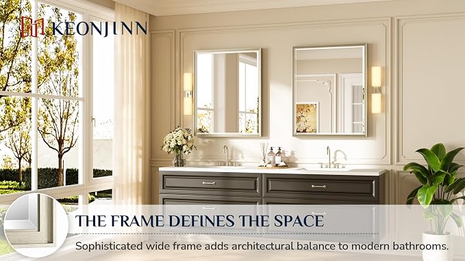 Keonjinn 30" x 36" Brushed Nickel Bathroom Mirrors for Over Sink, Rectangle | Aluminum Alloy Frame, Safe Tempered Glass with Beveled Edge, French Cleat, Silver Vanity Wall Mirror(Vertical/Horizontal)