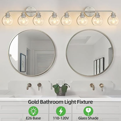 Bathroom Light Fixtures Brushed Nickel Vanity Light Silver 4 Light | Modern Wall Sconces Lighting Bathroom Lights with Glass Shade Bath Wall Lights for Mirror Kitchen Living Room Hallway 27"