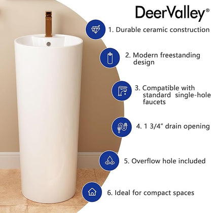 DeerValley Apex 15x15 Inch Circular Pedestal Sink, White Ceramic Bathroom Sink with Overflow, DV-1P527