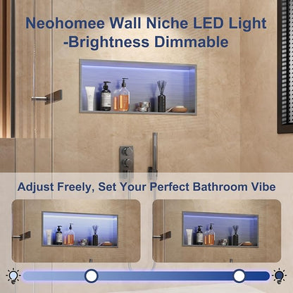 30X12 RGB Shower Niche Waterproof Brushed Nickel Stainless Steel LED Recessed Wall Niche for Shower, Tile-Ready Bathroom Wall Niche Light Kit with Remote Control