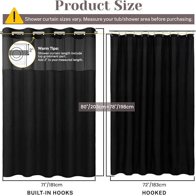 SORTTO No Hook Slub Shower Curtain with Liner, 71x80, Black | Snap in Liner, 3 in 1, Bamboo Texture, Hotel Style, Waterproof Fabric, Mesh Top Window, Corner Magnets, Machine Washable