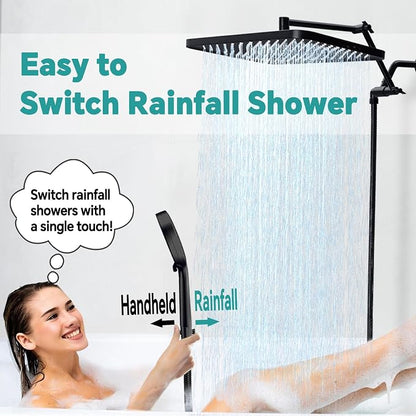13" Rainfall Shower Head with Handheld Spray, Button Switch by Handheld | Waterfall Showerhead , 3-Modes Spray, Adjustable Extension Arm, 71 Inches Stainless Steel Hose(Matte Black)