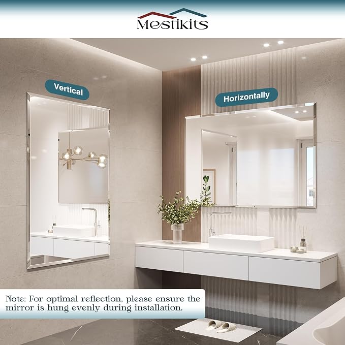 Frameless Bathroom Mirror 32"x48", Beveled Bathroom Mirror | 4mm Tempered Glass Shatterproof Wall Mount Mirrors for Bathroom Vanity Bedroom Entryway, Hangs Horizontally or Vertically
