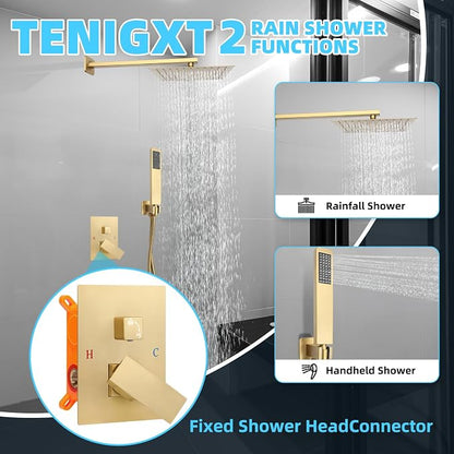 Bathroom Shower Faucet Set，12 Inch Rain Shower Head with Handheld Spray，Brass Shower Valve Trim Kit，Wall Mounted Square Rain Shower System (Brushed Gold)