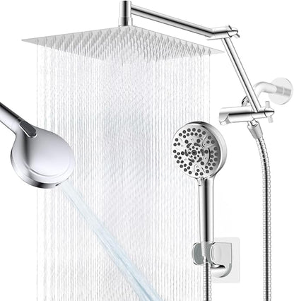 12" Metal Rain Shower Head with Handheld, High-Pressure Showerhead,10-Mode | Chrome, Rainfall Shower Head with 5" Large Handheld Spray, Adjustable 16" Shower Extension Arm/71" Hose, Brass 3-Way Diverter