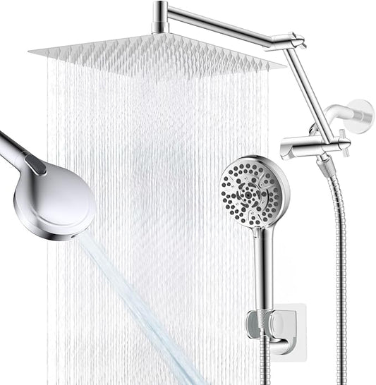 12" Metal Rain Shower Head with Handheld, High-Pressure Showerhead,10-Mode | Chrome, Rainfall Shower Head with 5" Large Handheld Spray, Adjustable 16" Shower Extension Arm/71" Hose, Brass 3-Way Diverter