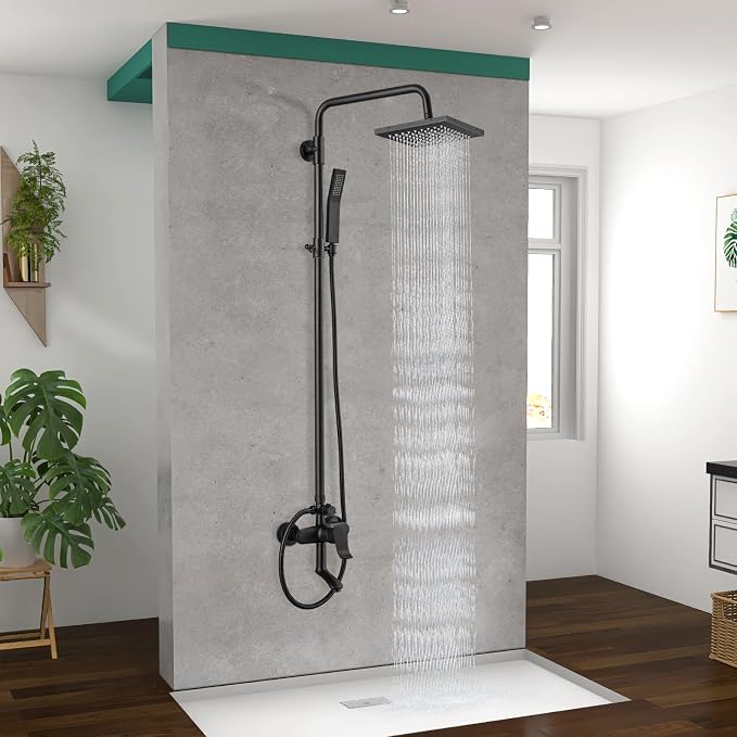 Heyalan 8-Inch Exposed Shower System with Handheld, Tub Spout, Matte Black | 3-function exposed shower system with 8-inch rainfall head, handheld shower, tub spout, adjustable slide bar, 1.8 GPM