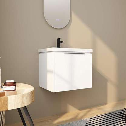 24 Inch Bathroom Vanity with Sink,Wall Mounted Bathroom Vanity Sink Combo with Soft Close Doors for Small Space,Modern Floating Bathroom Vanity with Top Basin & Storage Cabinet,White