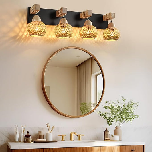 Farmhouse Bathroom Light Fixture, 4-Light Boho Vanity Light, Bamboo Bathroom Light Fixture Over Mirror Rustic Vanity Lighting with Handmade Bamboo Shades, Suit for Restroom, Bedroom, Hallway