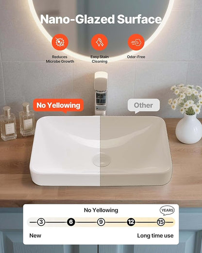 VEVOR Semi Recessed Bathroom Sink, 19.29 x 12.01 Inch Rectangular White Ceramic Vessel Sink with 1-3/4 Inch Drain Hole, Drop in Modern Lavatory Vanity Bath Wash Bowl Basin, Rectangle for Small Space