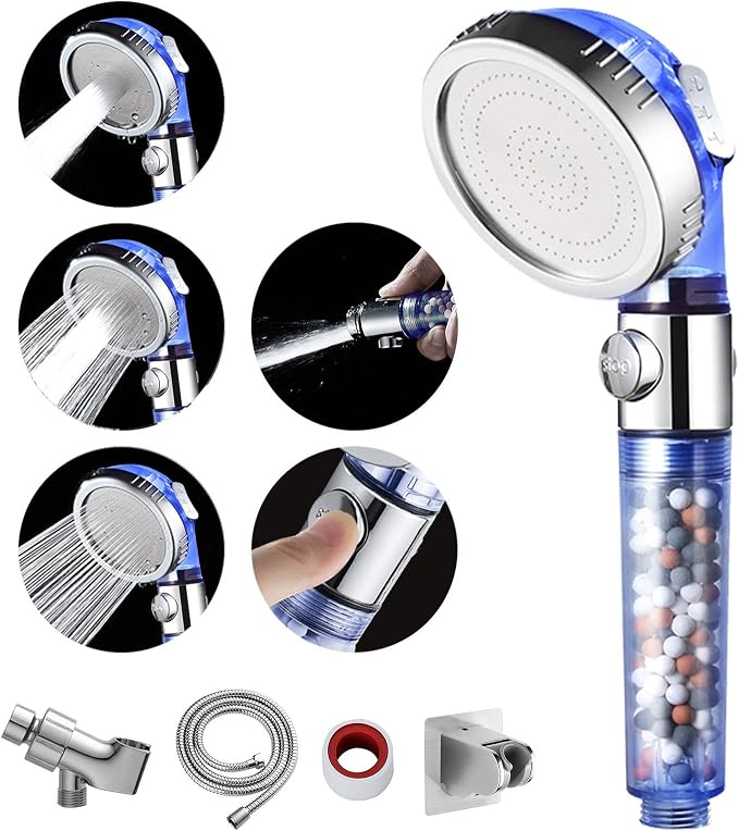 MIAOHUI Blue Zenbody Shower Head with Filter Beads, Shut Off Button | 3 Modes Handheld Filtered Showerhead with On Off Switch, Shower Wand+Hose+Adjustable Bracket+Self-adhesive Holder