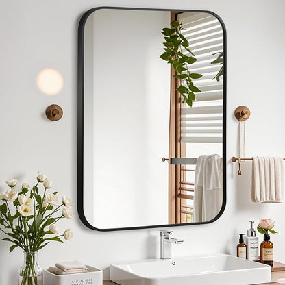 Matte Black Mirror, 30"x36" Rectangle Bathroom Mirror, Metal Frame Rectangle Corner Vanity Mirror, Wall Mounted Mirror for Modern, Living Room, Bedroom, Horizontal Or Vertical