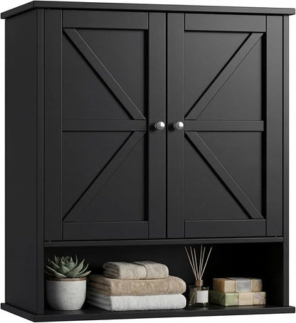 23.6" W x 27.6" H Large Black Bathroom Wall Cabinet with Adjustable Shelf, Farmhouse Medicine Cabinet with 2 Barn Doors, Wooden Over The Toilet Storage Cabinet for Kitchen, Laundry, Entryway