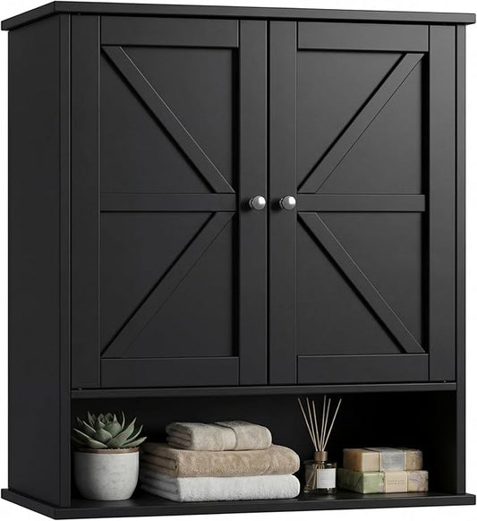 23.6" W x 27.6" H Large Black Bathroom Wall Cabinet with Adjustable Shelf, Farmhouse Medicine Cabinet with 2 Barn Doors, Wooden Over The Toilet Storage Cabinet for Kitchen, Laundry, Entryway