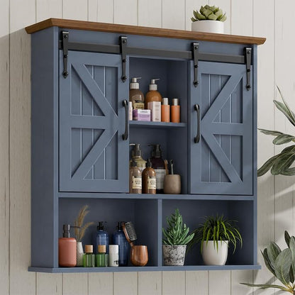Vabches Bathroom Wall Cabinet, Farmhouse Medicine Cabinet, Navy Blue | Wooden Vintage Storage Cabinet Wall Mounted with Double Sliding Barn Door and Adjustable Shelf for Bathroom, Kitchen