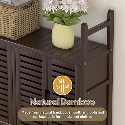 Over The Toilet Storage Cabinet: Bamboo Bathroom Organizer with Paper Holder Stand - Toilet Shelf No-Drill Installation Waterproof Feet - Left/Right Side Mount Space Saver Rack