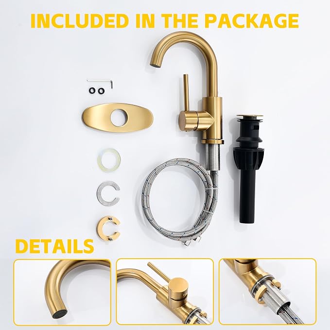 Brushed Gold Bathroom Faucets for Sink 1 Hole or 3 Holes, Single Hole Gold Bathroom Sink Faucet with Pop-Up Drain Mini Size Vanity Faucet Bar Faucet Single Handle Lavatory Faucets
