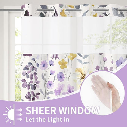 No Hook Purple Watercolor Floral Shower Curtain and Liner Set, 72x80 | Spring Flower Shower Curtains with Snap-in Liner for Farmhouse Bathroom Decor, Botanical Bathroom Curtain with Leaves