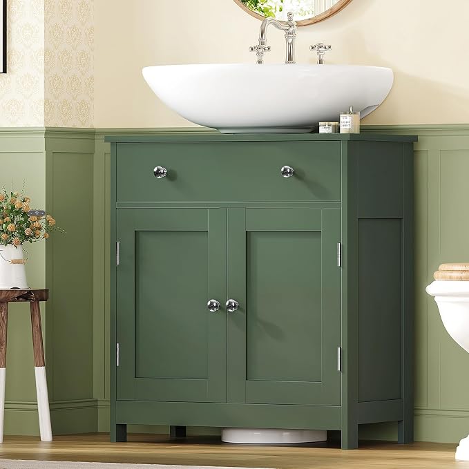 TEENFON Pedestal Sink Storage Cabinet with 2 Doors and Drawer, Bathroom Sink Cabinet, Under Sink Cabinet with U-Shape Cut-Out, Green