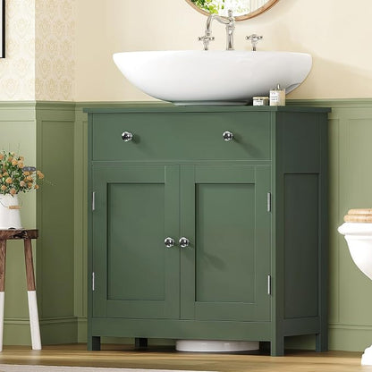 TEENFON Pedestal Sink Storage Cabinet with 2 Doors and Drawer, Bathroom Sink Cabinet, Under Sink Cabinet with U-Shape Cut-Out, Green