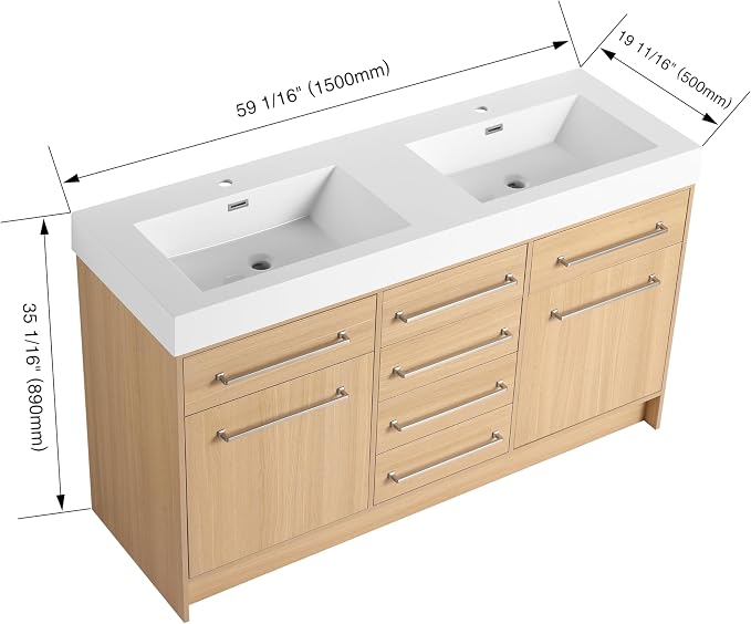 60" Freestanding Bathroom Vanity with Sink | 2 Soft Closing Doors & 6 Drawers Freestanding Vanity with Double Resin Sink, Original Oak Plywood (KD-PACKING)