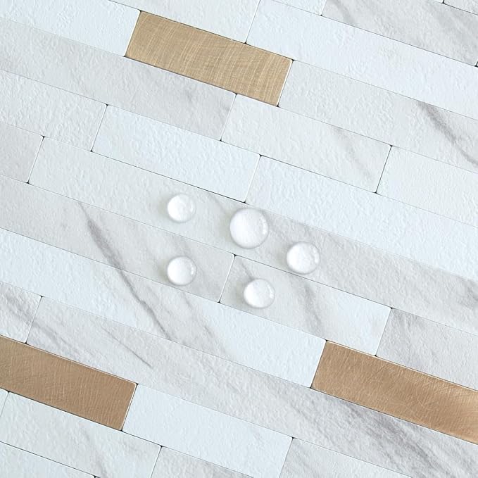 AULIGET 2 Sheets Faux Stone White Marble Peel and Stick Backsplash, PVC Mixed Metal Champagne Gold Wall Tile Stick on Backsplash for Kitchen and Bathroom