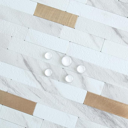 AULIGET 2 Sheets Faux Stone White Marble Peel and Stick Backsplash, PVC Mixed Metal Champagne Gold Wall Tile Stick on Backsplash for Kitchen and Bathroom